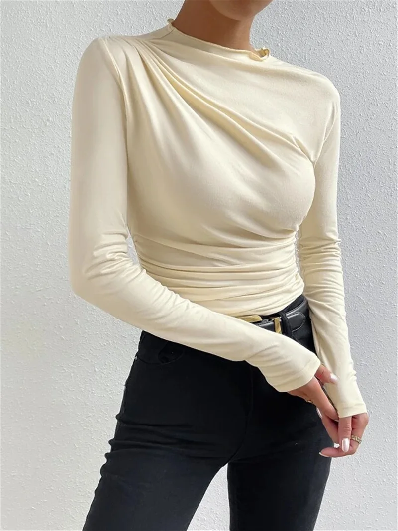 Solid Casual Pleated T-shirt For Women Patchwork Long Sleeve High Waist Inner Ruffled Crop top Ladies Vintage Y2k Top Tee
