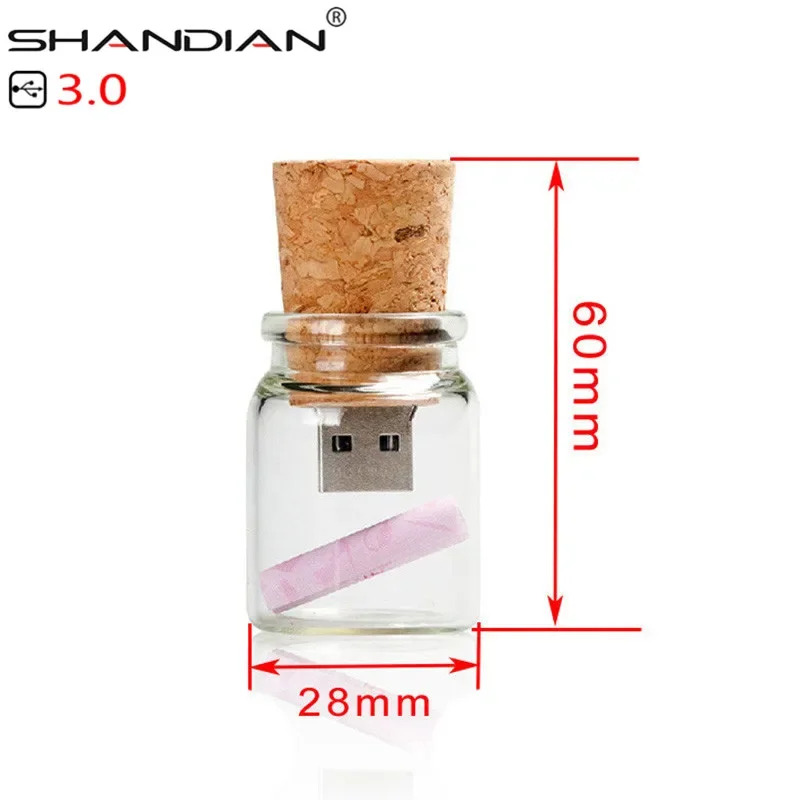 SHANDIAN-USB 3.0 새로운 플로팅 병 pendrive 16GB 32GB 64GB 유리 소원 병 플래시 드라이브, U 디스크 결혼 선물 1PCS 무료 로고