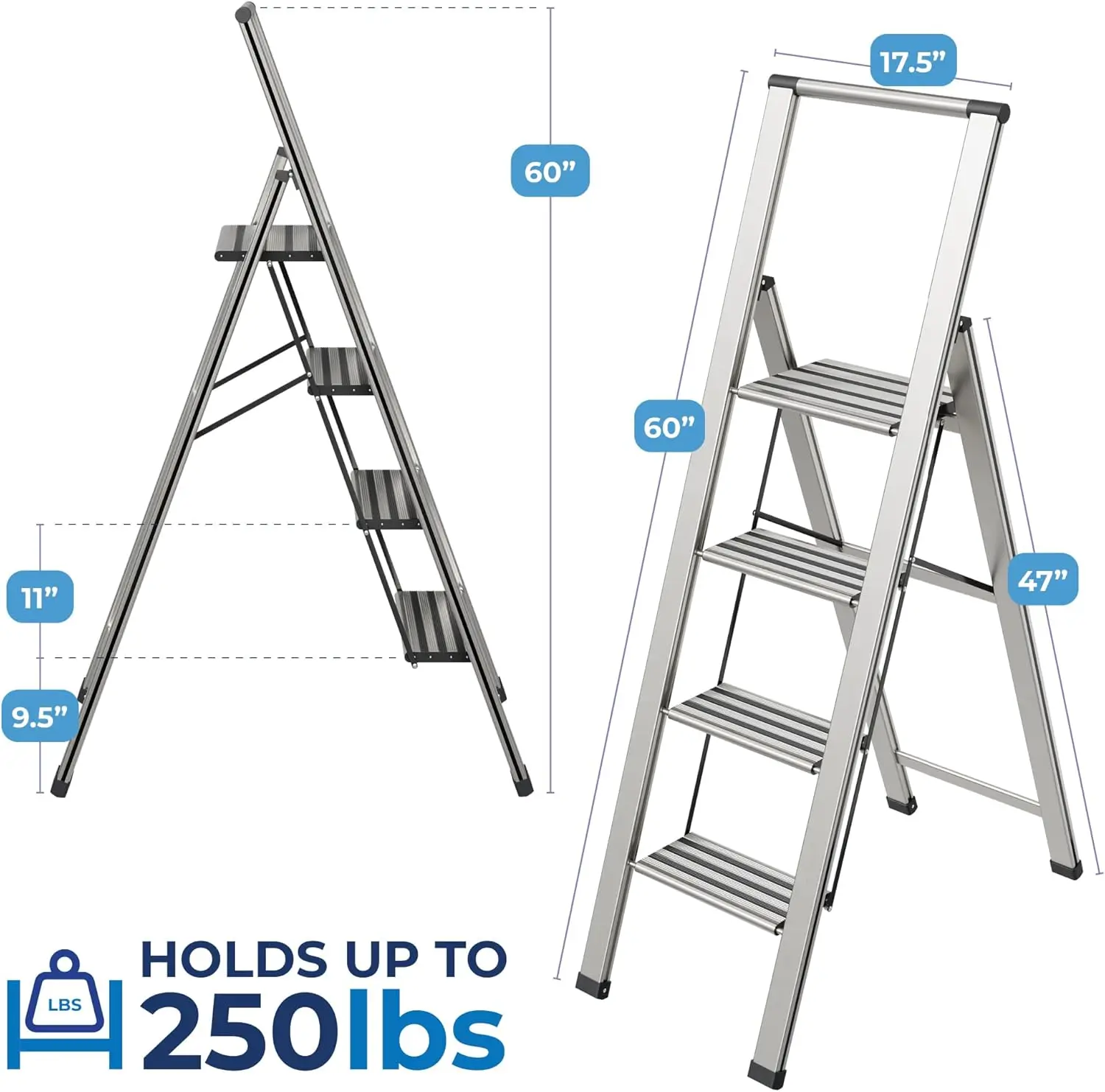 Step Ladder 4 Step Folding, Decorative - Modern Beautiful Aluminum, Ultra Slim Profile, Anti Slip Steps Sturdy-Portable for Home