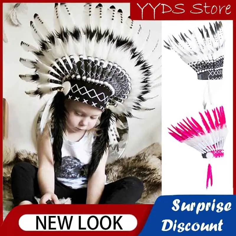 

Ins Children's Handmade Indian Feather Hat Children's Shooting Props Halloween Party Headwear Baby African Chief Feather Hat