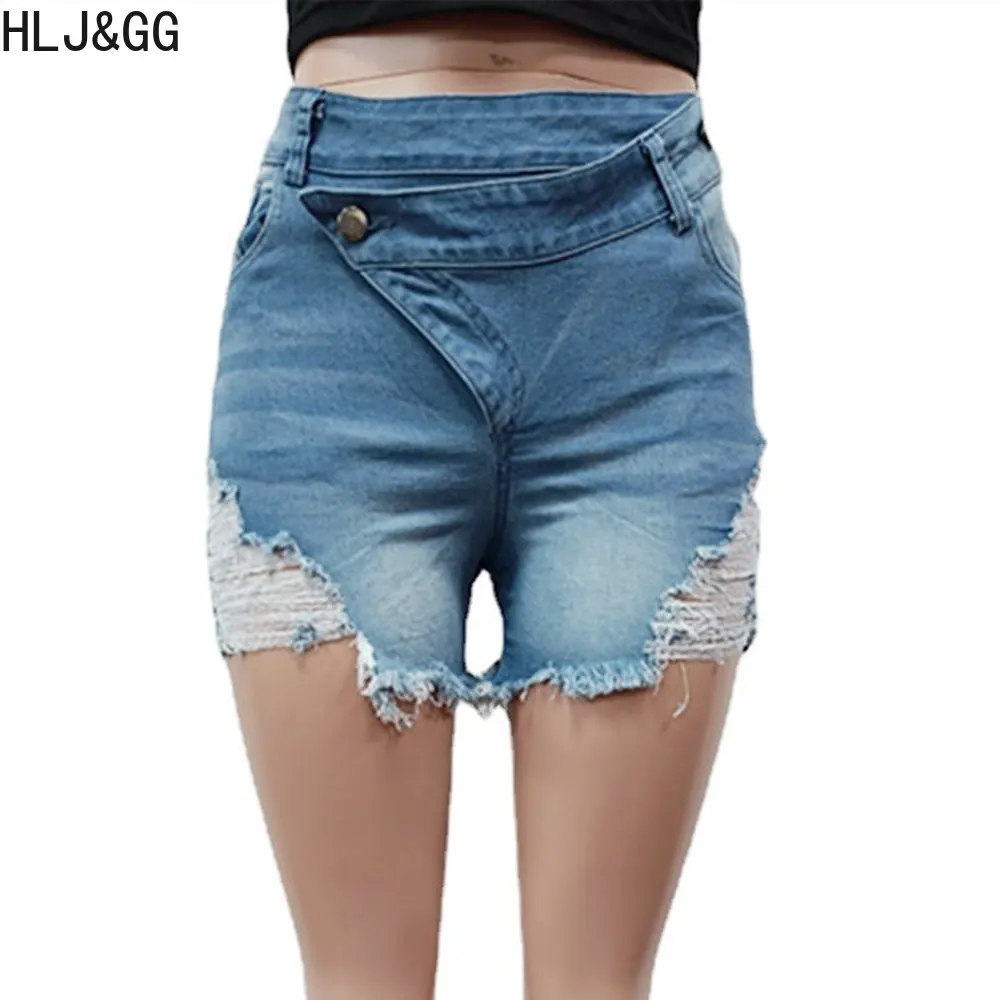 HLJ&GG Summer New Button Tassel Denim Shorts Women High Waisted Elasticity Bottoms Blue Female Solid Color Matching Clothes 2023
