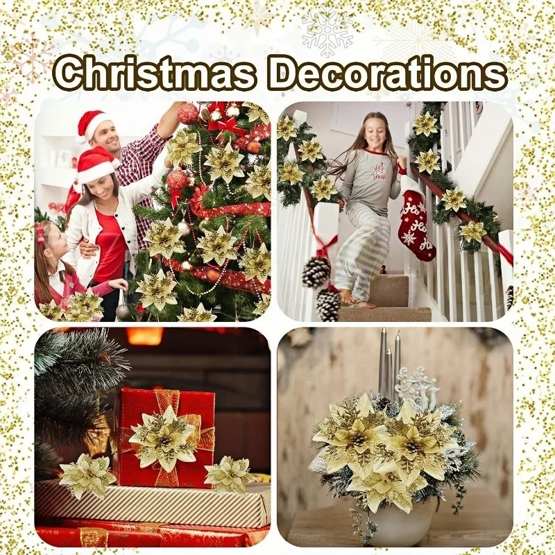 6-24Pcs 15cm Artificial Christmas Flowers with Clips Stems Xmas Tree Ornaments Glitter Flower Garland New Year Party Decor