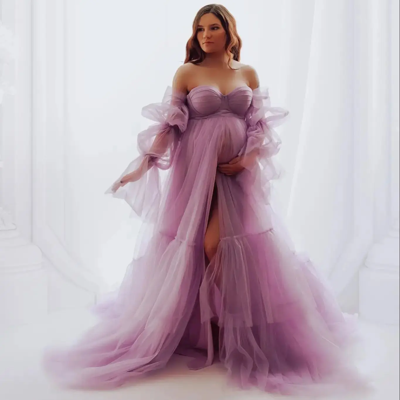 

Off Shoulder Purple Prom Dresses Charming Long Sleeves Tulle Pregnant Women Gowns Sexy Front Split Maternity Photography Robes