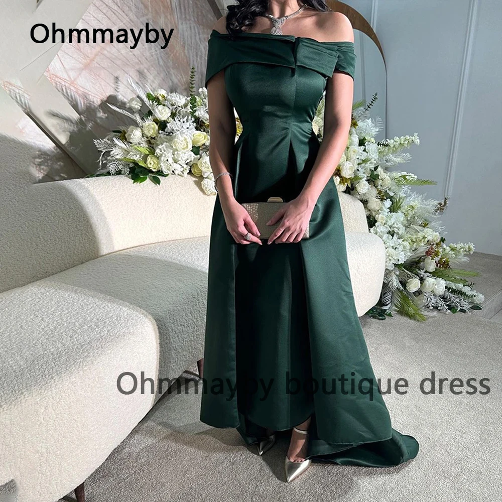 

Green Satin Evening Dresses Off Shoulder Arabian Dubai Formal Prom Dress with Train Long Wedding Guest Gowns Lace Up Back