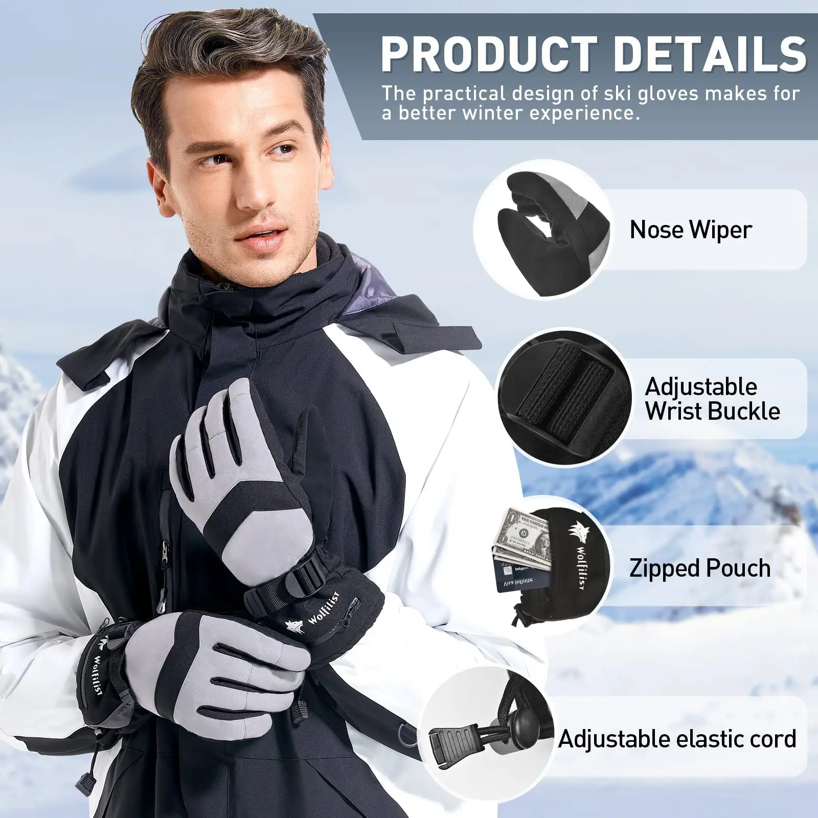 WOLFILIST Ski Gloves Waterproof Windproof - 3M Thinsulate Insulated Warm Snow Gloves with Zipper Pocket 5