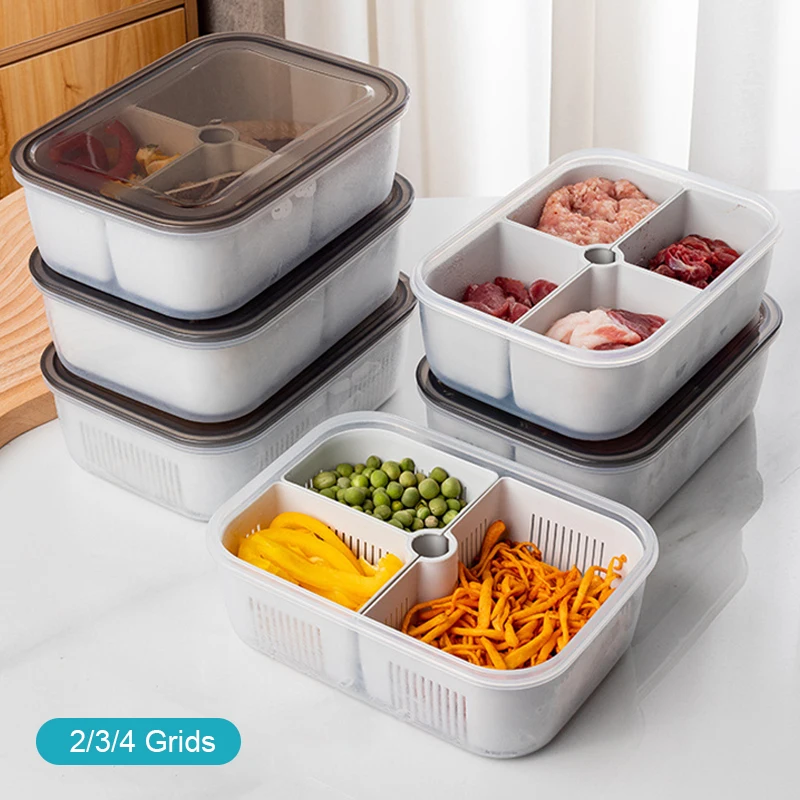 

Refrigerator Organizer Box with Lid Food Preservation Box Frozen Divided Serving Tray Clear Plastic Vegetable Storage Containers