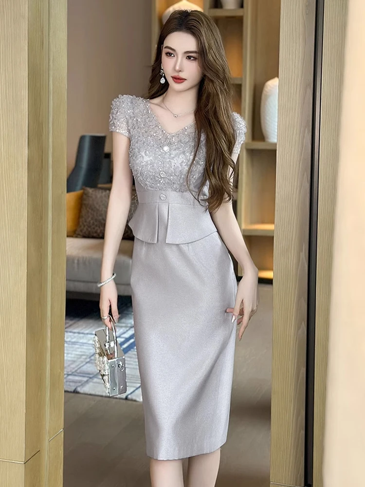 Summer Fashion Lace Spliced Formal Dress Women Clothes
