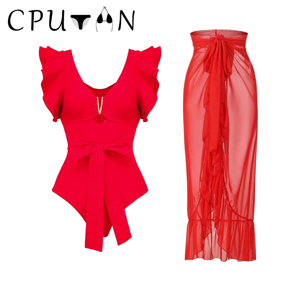 

CPUTAN 2023 Sexy 3D Flower Ruffle Shoulder One Piece Swimsuit Skirt Bikini Set Brazilian Women Swimwear Bath Suit Cover Up Dress