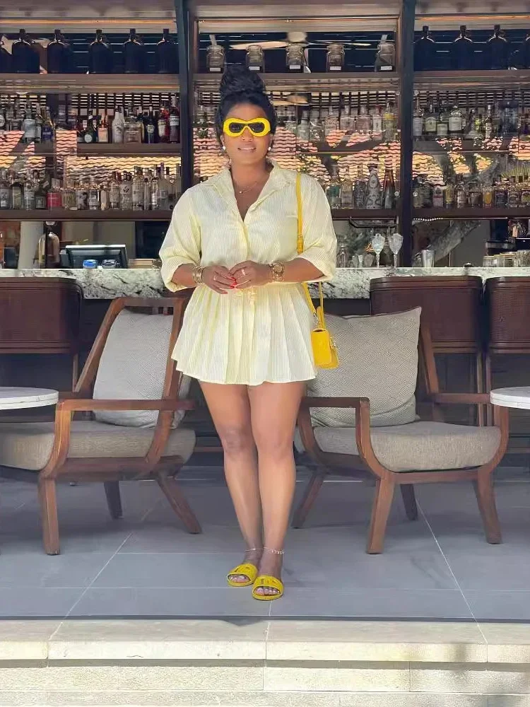 Wmstar Two Piece Set Women 2024 Autumn Fashion Women's Casual Comfortable Striped Shirt Short Skirt Set Wholesale Dropshipping