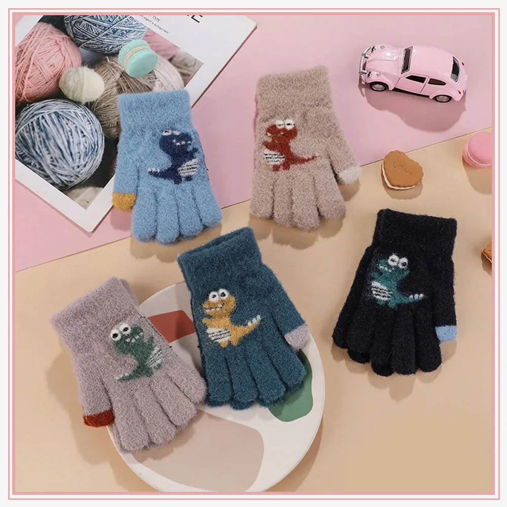 Winter Warm Kids Knitted Gloves Cartoon Small Dinosaur Thickened Plush Children Winter Toddlers Mittens Kids Gloves 3-9 Years