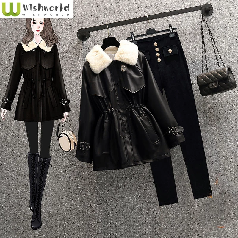 Autumn and Winter Women's Set 2023 New Korean Version Temperament Plush Thickened Leather Coat Coat Pants Two Piece Set version lace patchwork suit jacket for women in autumn 2023 new temperament fashionable and versatile suit for small men