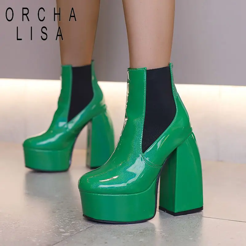 

ORCHA LISA Women Ankle Boots Round Toe Chunky High Heels 14cm Platform HIil 4.5cm Slip On Large Size 46 47 48 Casual Daily Booty