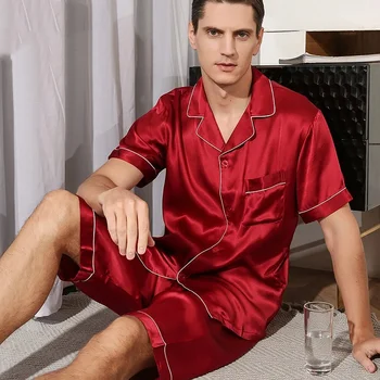 Pigiama di seta reale Set da uomo estivo traspirante 100% seta di gelso Pantaloncini a maniche corte Pigiama Set 2 pezzi Indumenti da notte Pjs Indumenti da notte 1