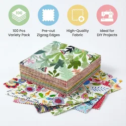 100 - Piece Vibrant Floral Cotton Twill Fabric Set for Sewing and DIY Crafts - 12x12 cm Toothed Grid Pattern