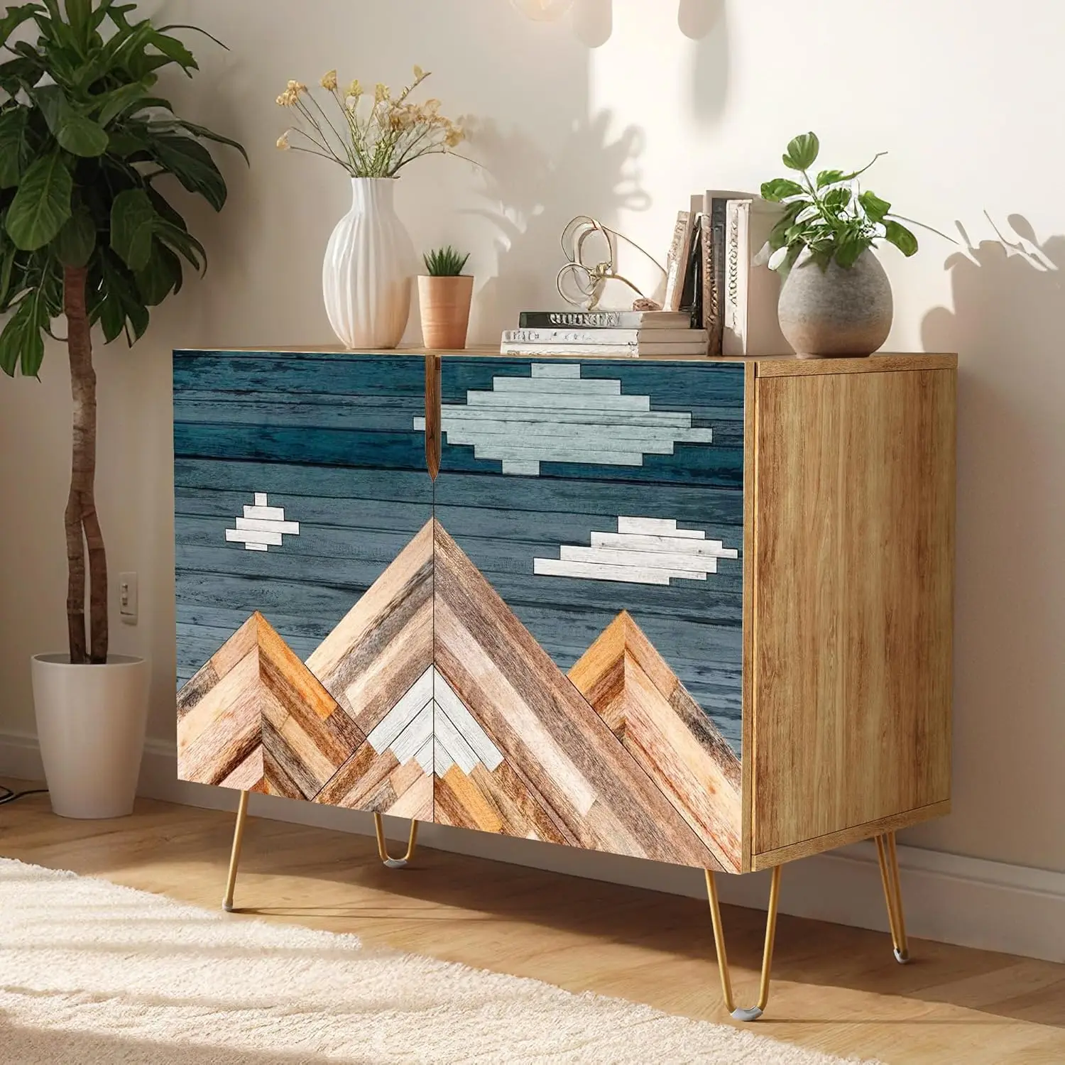 SIGNWIN Sideboard Buffet Cabinet, Kitchen Storage Cabinet with 2 Doors, Mid Century Vintage Mountains, Cupboard Console Table fo
