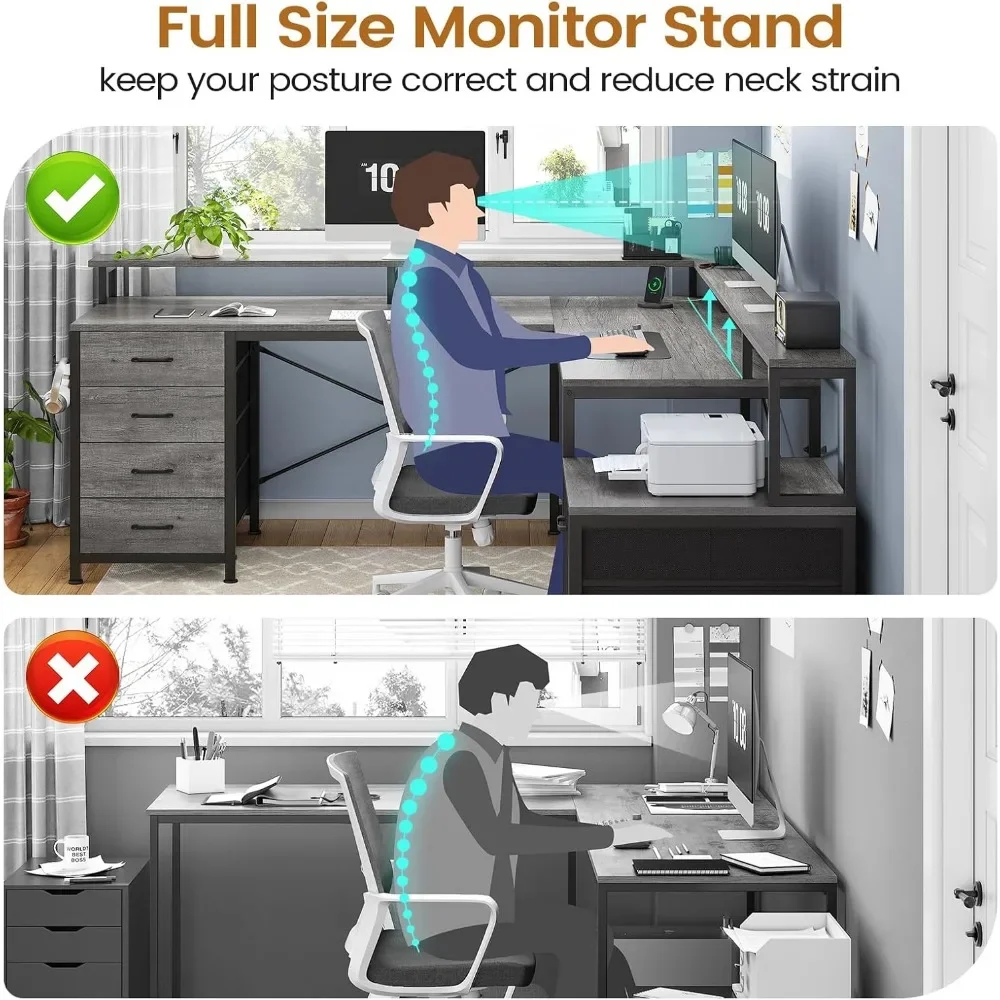 L Shaped Desk with 6 Drawer, 108" Office Desk with File Drawer & Power Outlet, Corner Computer Desk,Two Person Desk, Gaming Desk 6