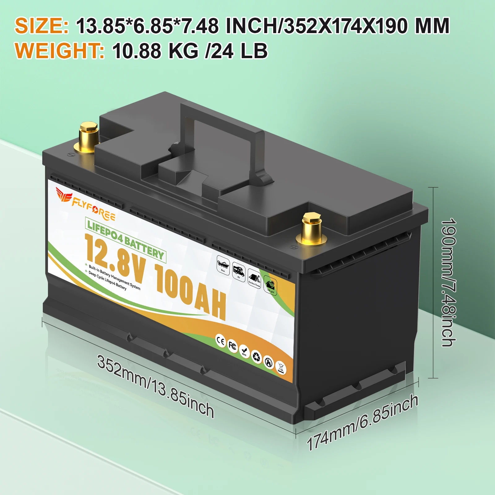FLLYROWTH 12V 100Ah LiFePo4 Lithium-Akku mit Ladegerät Bluetooth 100A BMS für Wohnmobil-Bootsmotoren Solar-Wind-Lithium-Batterie – Detail 7