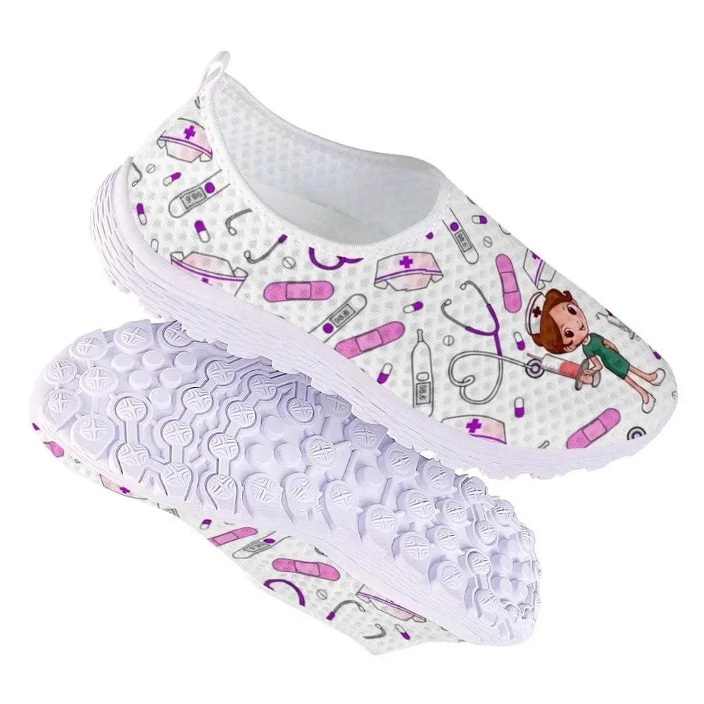 Cute Cartoon Nursing Doctor Surgery Printed Woman Flats Sneakers Mesh Nurse Shoes Women Light Weight Ladies Footwear