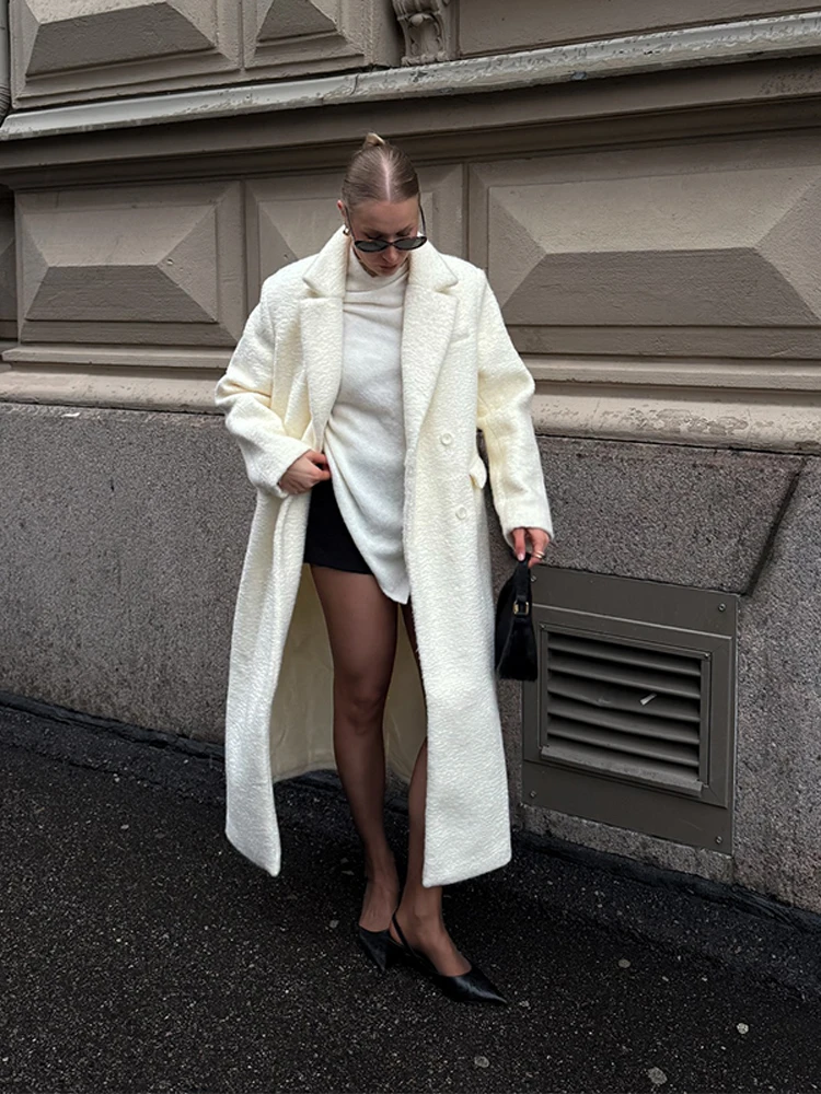 Teddy Woolen Revers Lange Mäntel Frauen Straße Volle Hülse Taste Lose Herbst Winter Warme Bomber Jacken Neue Büro Dame Outer – Detail 3