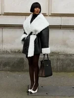 المرأة السوداء المرقعة بولي معطف معطف جلد عميق الخامس الرقبة الأبيض فو شيرلينغ طوق الكفة مربوط كم كامل سترة الخريف الشارع الشهير 4