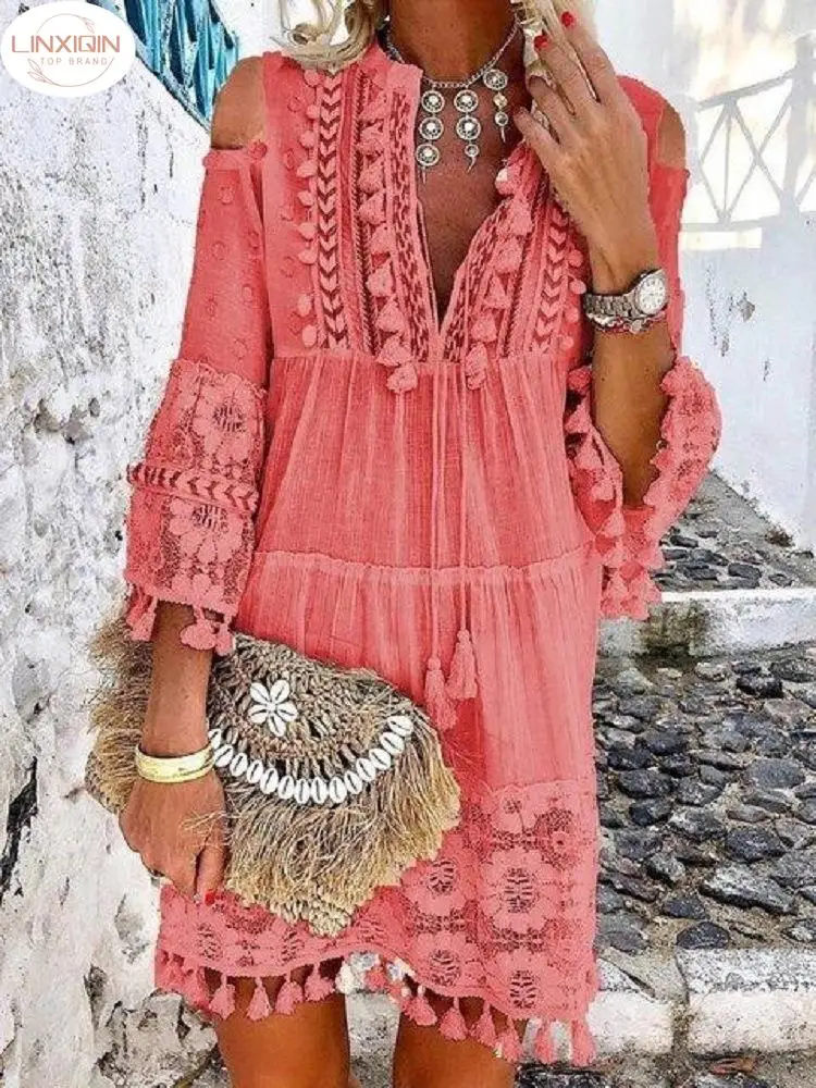 

Tassel Sexy Boho Long Dress Women Lace Fall Solid Hollow Out V-Neck Lace Sexy Dresses Bohemian Style Dress Vestidos