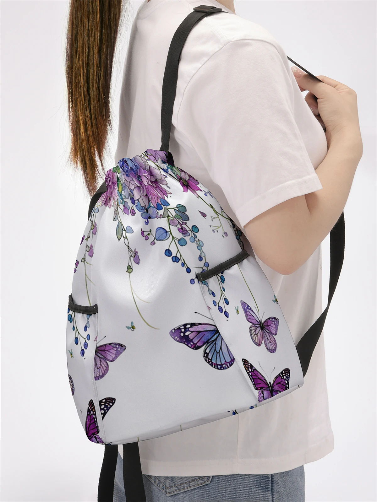 Butterfly Pattern Printed Drawstring Backpack - Large Capacity Durable Fitness Bag, Sports Beach Backpack