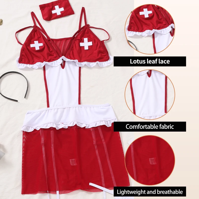 Sexy Nurse Lingerie Costume Cosplay Suit Womens Sexy Underwear Lingerie Costume Red & White G-String Bodysuit