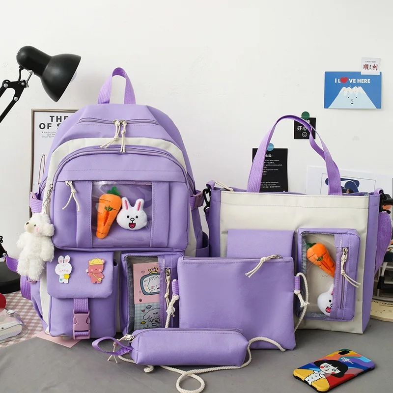 

2022 New 4 Pcs Sets Purple Colour Children's School Backpack Kawaii Women's Backpack Bookbag School Bags for Teens Girls Mochila