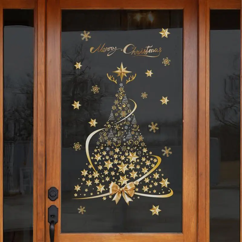 Autocollants De Noël Pour Fenêtre - 2 Stickers Réutilisables Arbre De Noël Doré 60x42cm, PVC, Sans Adhésif, Pour Intérieur/extérieur