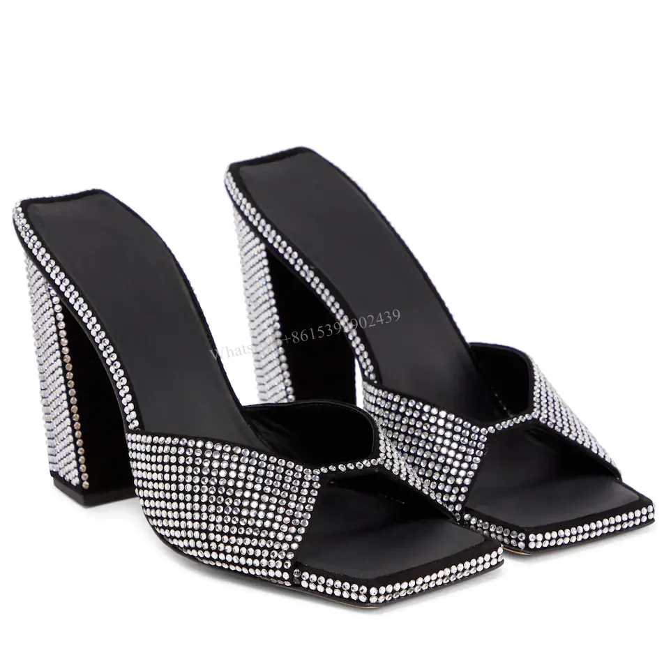 

Rhinestone Slippers Women Square Toe Pumps Brand Design Chunky Heels Bling Solid Sandals Bordered Gladiator Fashion Summer Shoes
