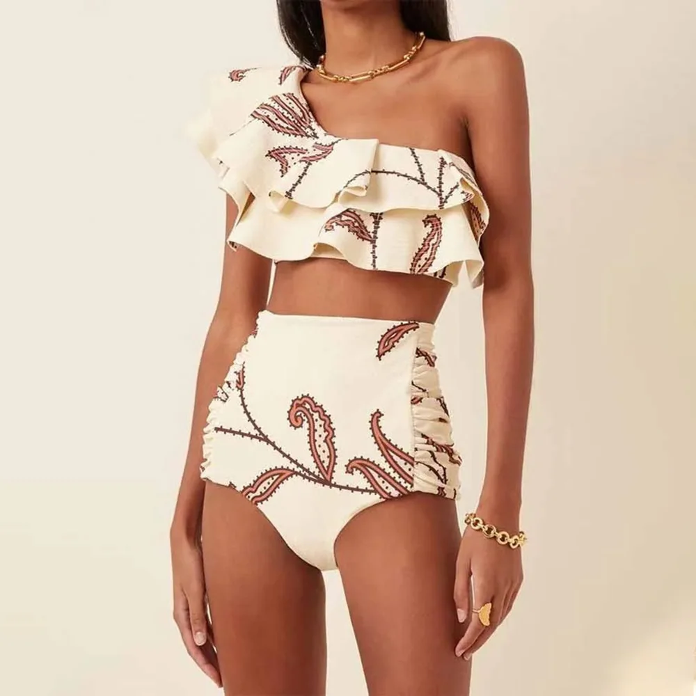 2023 New Fashion One Shoulder Ruffle Swimsuit Print Bikini High Waist Backless Sexy Beachwear Chic Pool Wear Women Swimwear