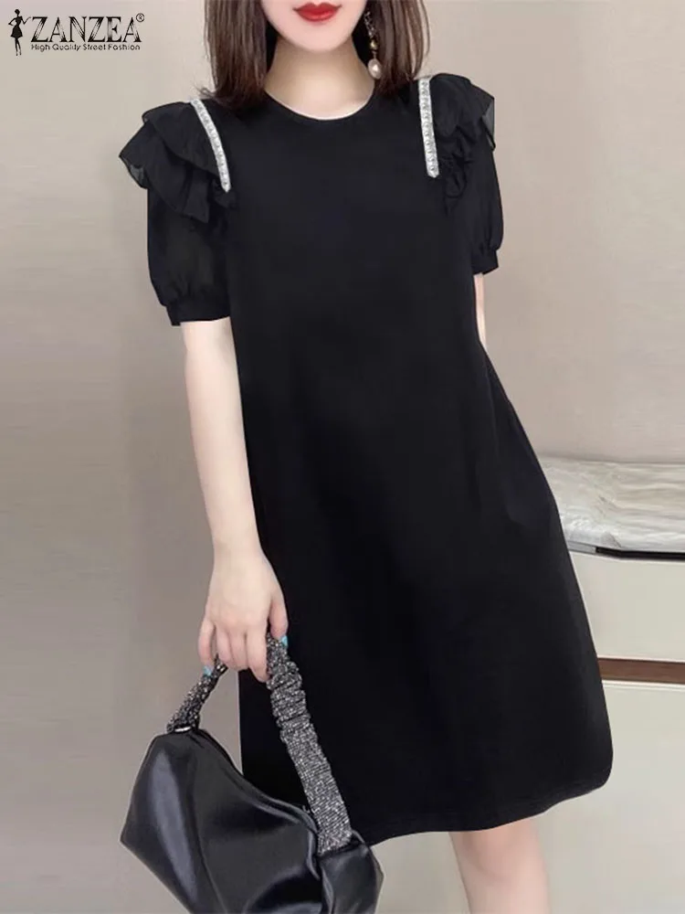 

ZANZEA Summer Party Red Dres Elegant Womens Ruffle Short Sleeve Dress 2024 Korean Fashion Vestidos Vintage Patchwork Short Robes