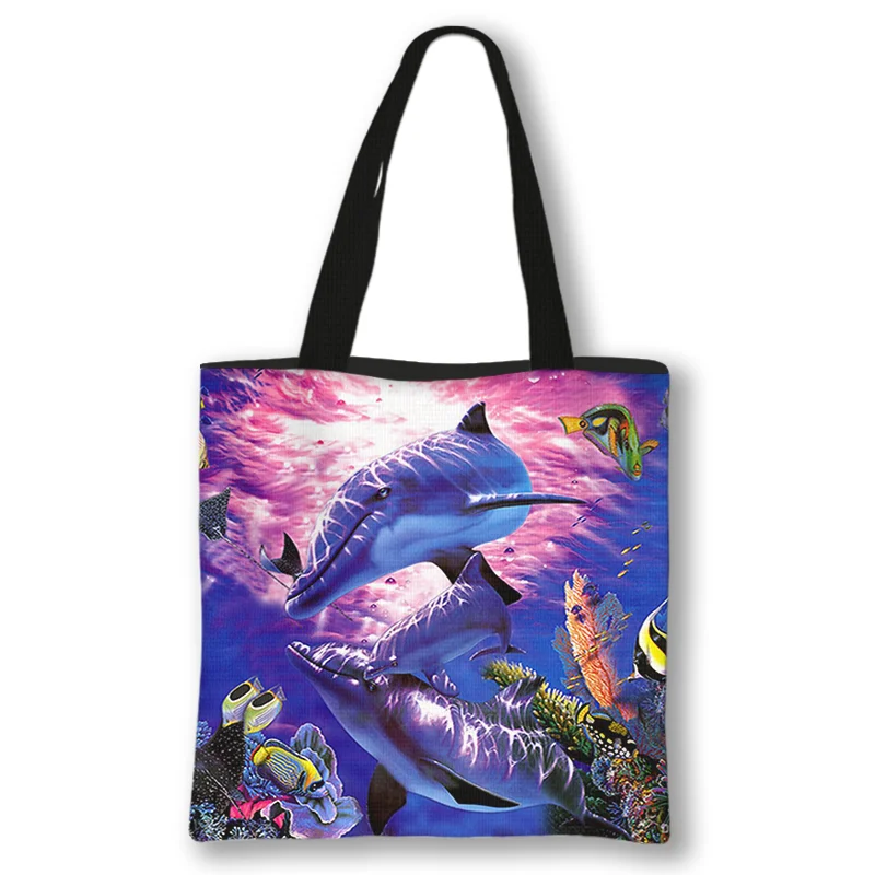 Dolphin Print Ladies Handbags Girl Canvas Tote Bag Shopping Travel Women Eco Reusable Shoulder Shopper Bags High Capacity wristlet keychain Totes