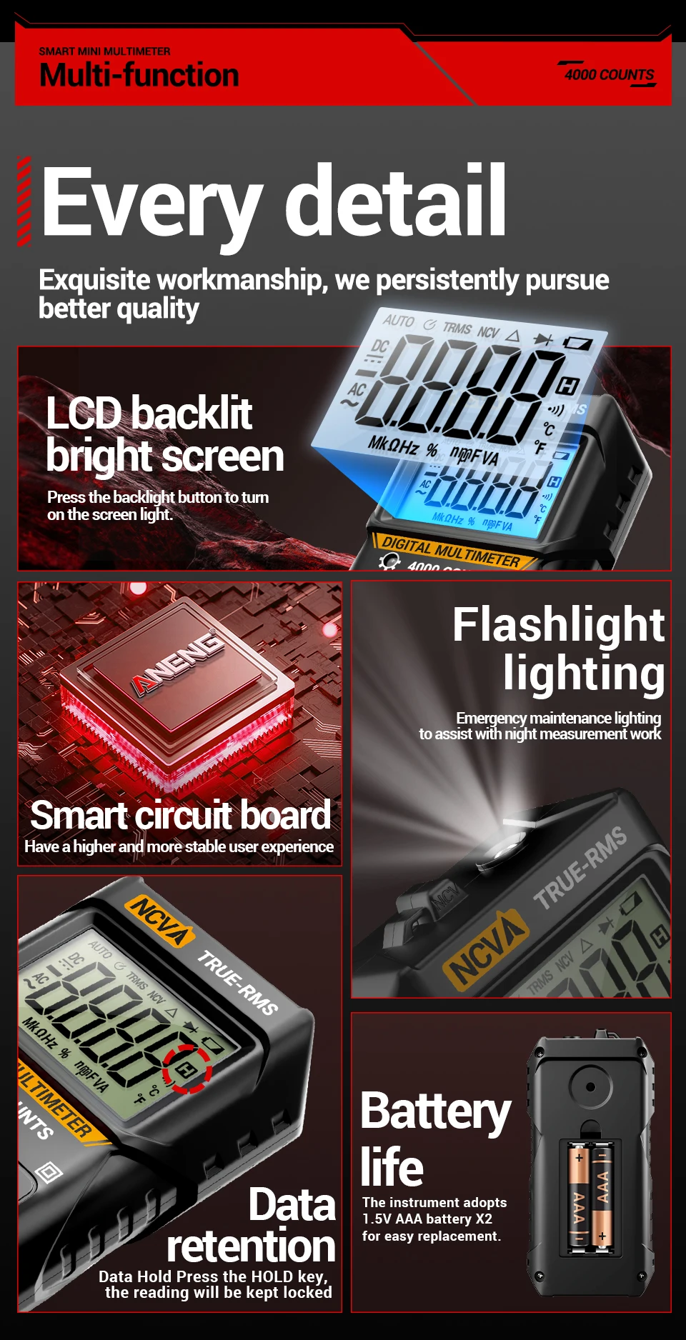 Digitales Multimeter ANENG M114 4000 Messungen AC-Spannungstester Intelligentes Strommessgerät Auto NCV Widerstandsmessung mit Signalton Amperemeter Testwerkzeug – Detail 4