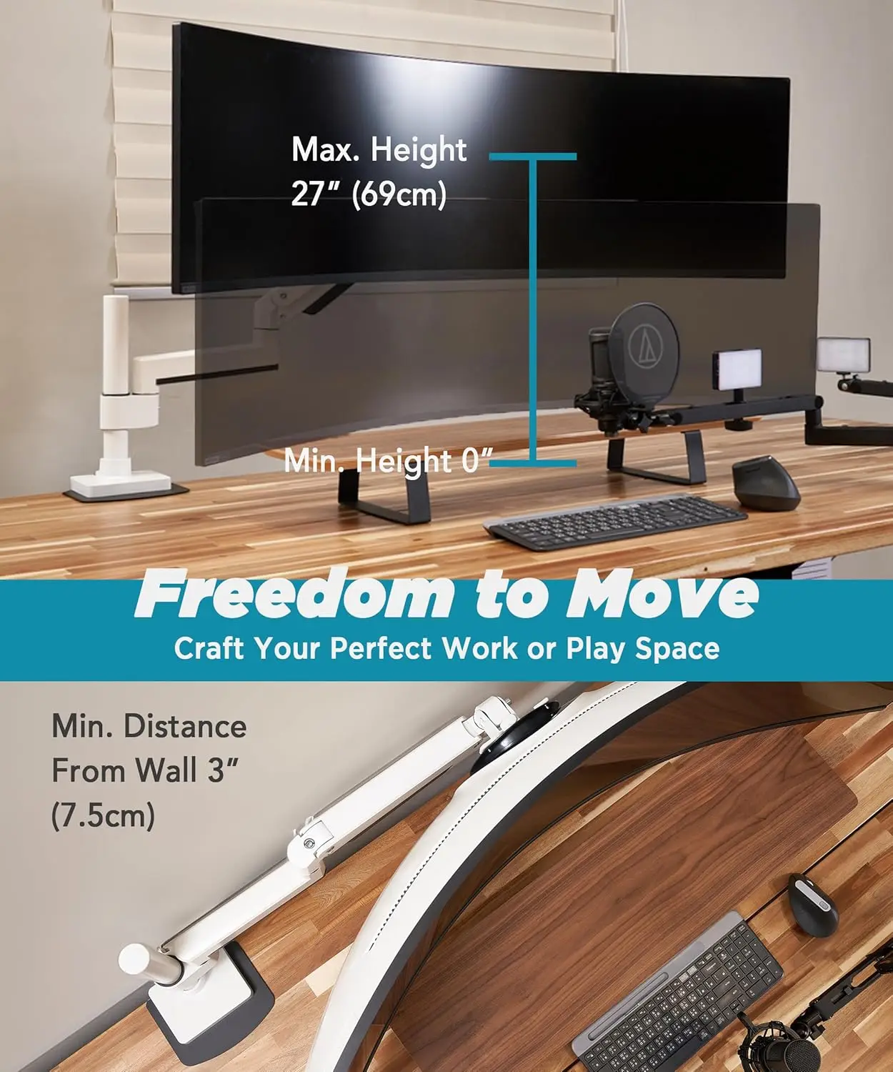 Heavy Duty Monitor Arm for Ultrawide Monitors up to 57" and 44 lbs, Single Desk Stand, Pneumatic Height Adjustable, Modular