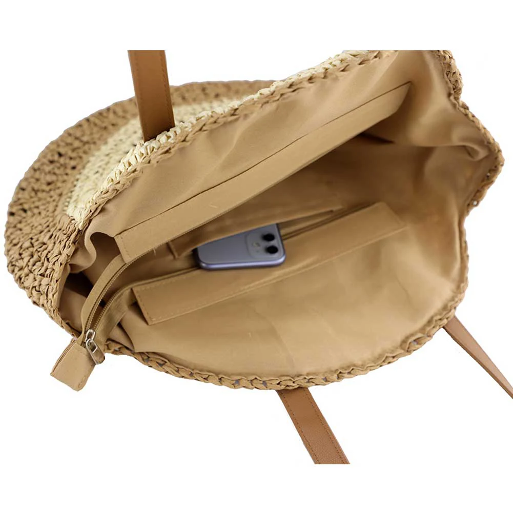 Stylish Round Beach Shoulder Bag with Zipper Closure Eco-Friendly Summer Straw Tote for Women and Girls