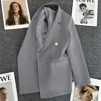 Spring Women's Suit Jacket Double Row Buttons Grey Slimming Fashionable New Streetwear Top Quality Polyester Fiber