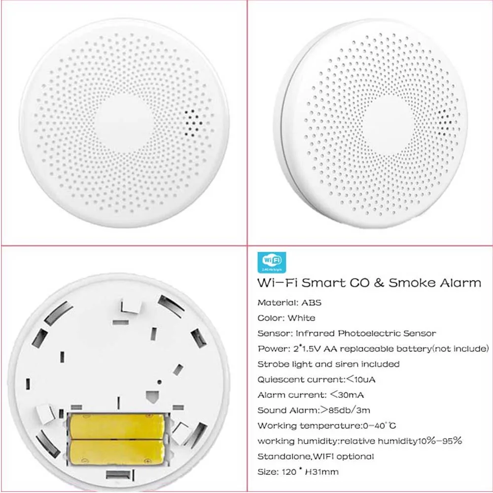 Combination Smoke and Carbon Monoxide Detector Photoelectric Sensor 85dB Fire Device CO Alarm Tuay Smart Life Message Push Alert panic alarm for home