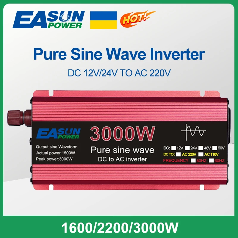 

Easun Power Inverter Pure Sine Wave 12V DC to AC 220V Converter 3000w 2200w 1600w 1000w Stabilizer 24V Solar Inverter 50hz 60hz