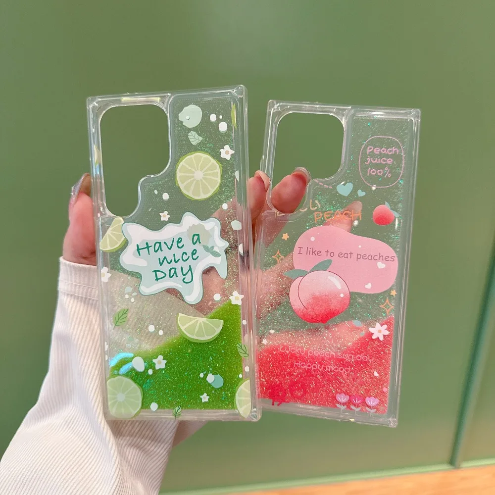 Luxury Flowing Glitter Liquid Quicksand Case - Cute Peach Lemon Shockproof Clear Cover