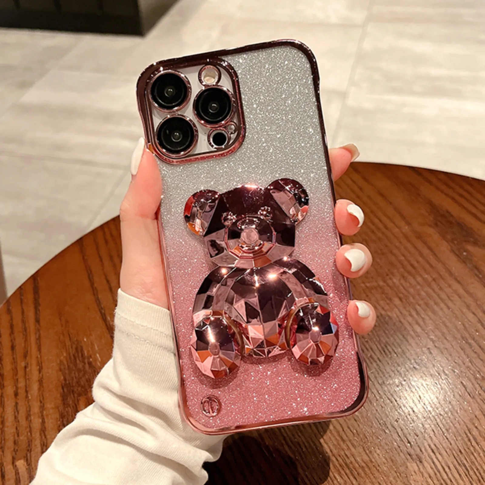 Custodie per telefoni placcate con supporto per orso e paraurti, non ingiallenti e resistenti allo sporco, per iPhone 15 14 13 12 11 Pro Max Plus + retro_voghion.com