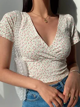 Summer French retro floral V-neck short-sleeved T-shirt Slim slimming wild high waist T-shirt women's top 1