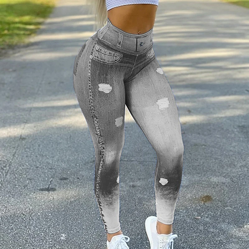 2022 New High Waist Faux Denim Jean Leggings Slim Elastic Seamless Skinny Pencil Pant Female Workout Running Leggings Dropship nike leggings