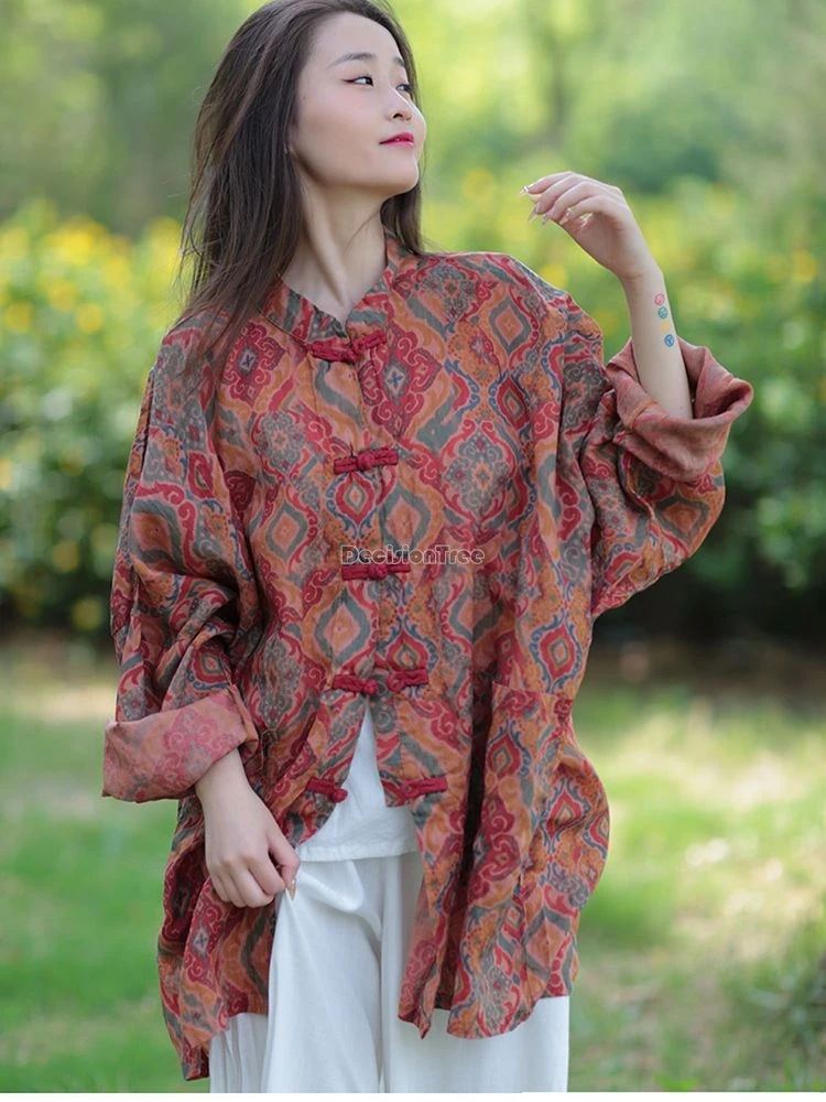 cotton linen women printing tang suit chinese style loose national stand collar long sleeve cheongsam button retro top coat