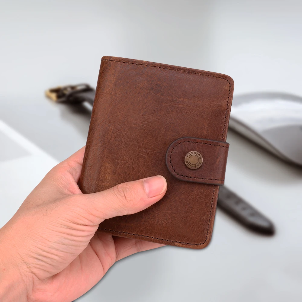 Crazy Horse RFID Multi Card Retro Men's Wallet Casual Fashion Short Genuine Leather Anti Magnetic Wallet Cowhide Men's Bag