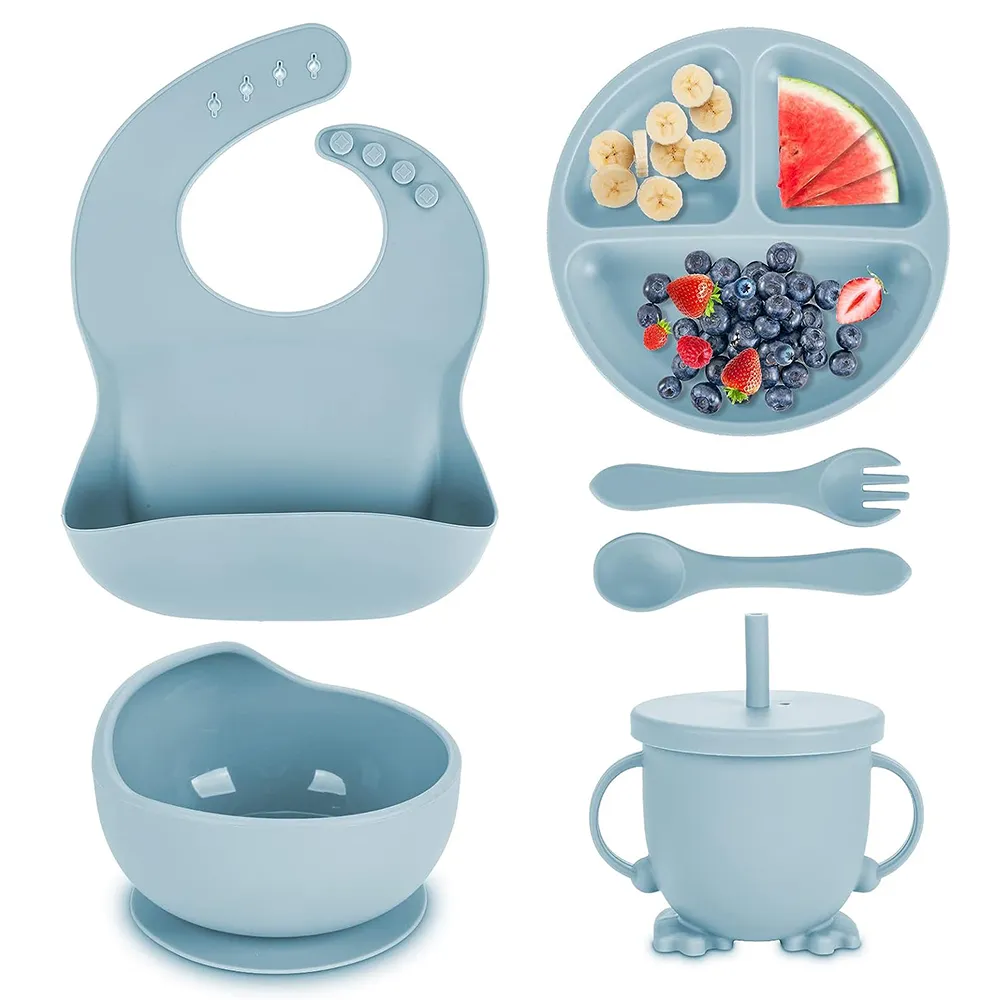 Soft Silicone Baby Feeding Set, Baby Led Weaning Supplies with Adjustable  Bib, Suction Bowl, Suction Divided Plate, Straw Cup, First Stage Spoon &  Fork, , Toddler Infant Self Eating Utensil Set 