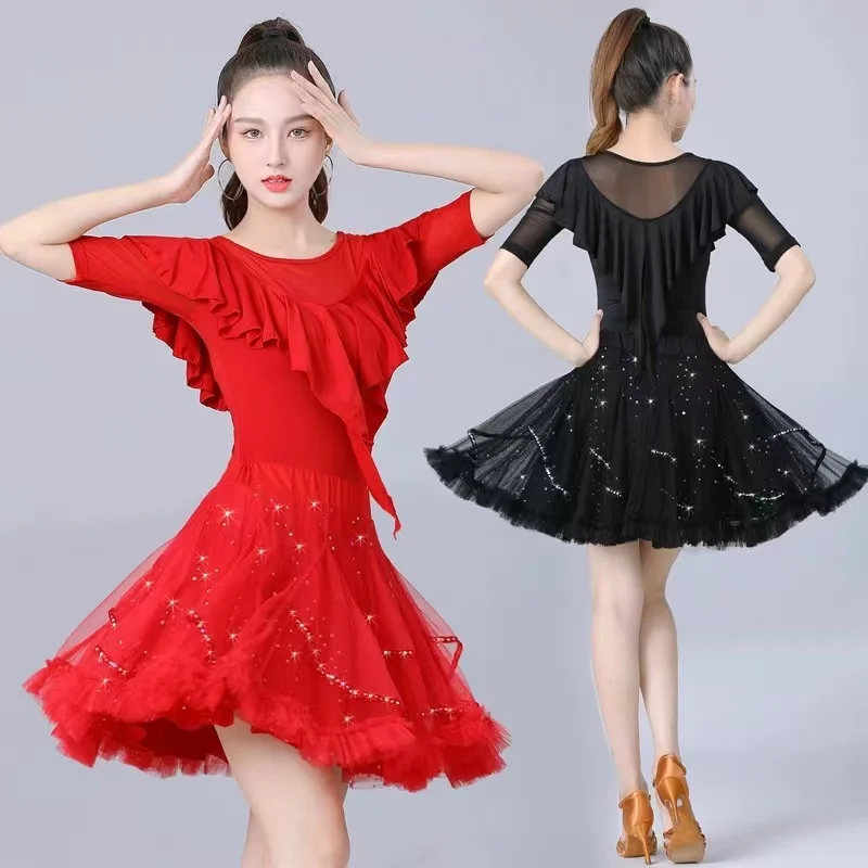 

Elegant Mesh Mid-Long Latin Dance Skirt For Women New Style Comfory Soft Ballroom Dance Waltz Dancewear Top and Skirt suit