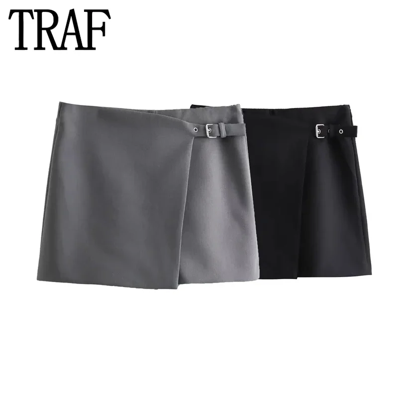 

TRAF Asymmetric Mini Skirt Shorts Women Grey Black High Waist Skirt Woman Fashion Wrap Skorts For Women Elegant Short Skirts