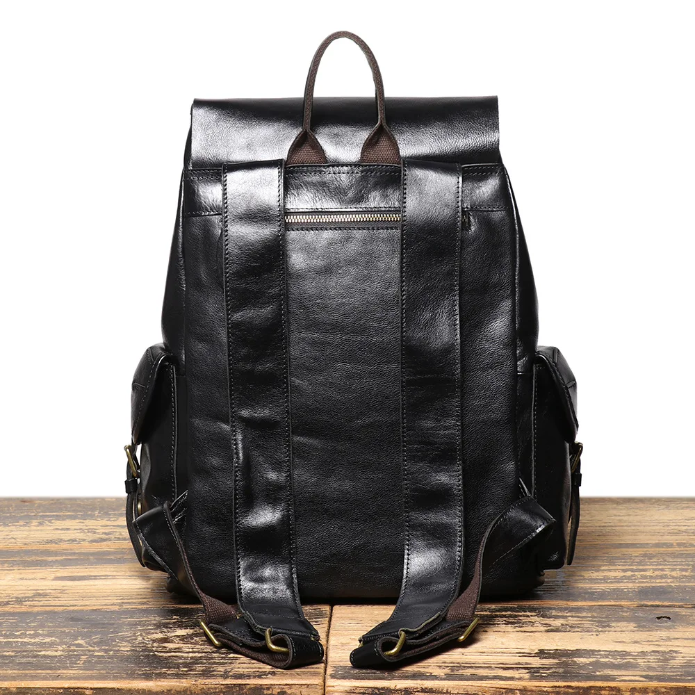 Vintage Top Grain Cowhide Leather Backpack Large Capacity Laptop Compartment Travel Drawstring Closure Business Casual Backpack