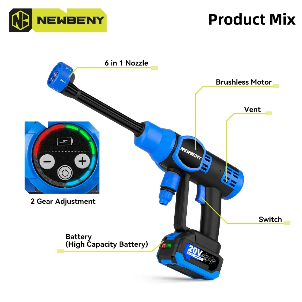 NEWBENY 200Bar Brushless Electric Car Washer 6 IN 1Cordless Efficient Car Garden Washing Power Tools For Makita 18V Battery 3